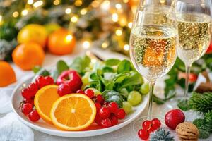 A plate with fruit and champagne on a table photo