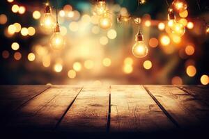 Wooden table with christmas lights on it photo