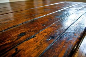 A close up of a wooden table with a black cat on it photo
