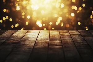 Wooden table with golden lights on it photo