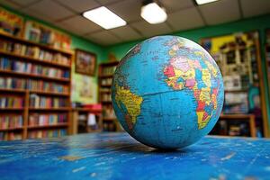 A globe sitting on top of a table in a library photo