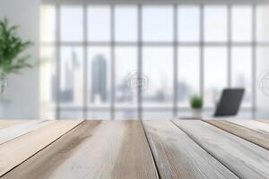 Empty wooden table in front of a cityscape photo