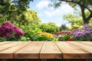 Wooden table top in the garden with flowers photo