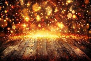 Christmas background with wooden floor and sparkles photo