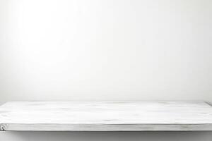 White wooden shelf on a white wall photo