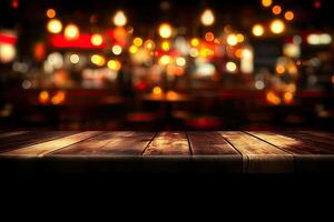Wooden table top over a bar with lights photo