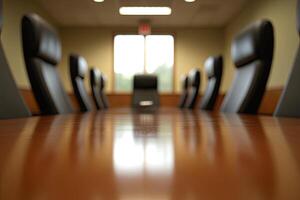 A conference room with black chairs and a wooden table photo