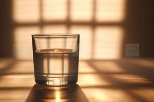 A glass of water on a table in front of a window photo