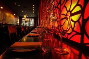 A restaurant with a red wall and wine glasses photo
