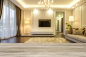 Wood table top and living room with couch and tv photo