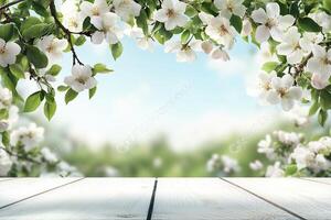 Wooden table with white flowers on a sunny day photo