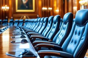 Rows of chairs in a large conference room photo