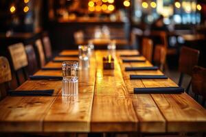 A restaurant table with empty glasses and napkins photo