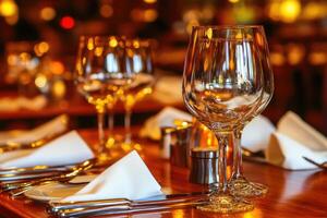 A table with a lot of empty glasses photo
