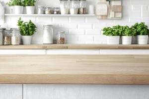 A kitchen with white tile walls and wooden countertops photo