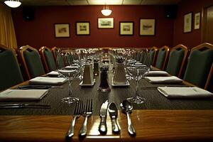 A table with a lot of empty wine glasses photo
