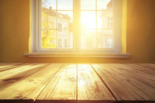 An empty wooden table in front of a window photo