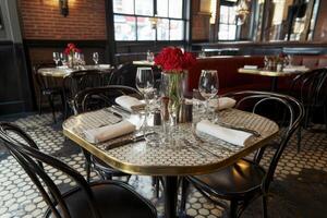 A table with four chairs and a vase of flowers photo