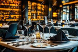 Table setting in a restaurant with wine glasses and place settings photo