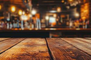 Wooden table top over blurred bar photo