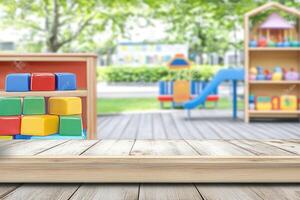 A wooden table with toys on it in front of a playground photo