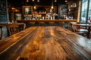 A wooden table in a restaurant with chairs photo