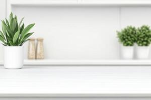 White kitchen counter with potted plant and white cabinets photo