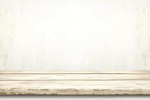 Empty wooden shelf with white wall background photo