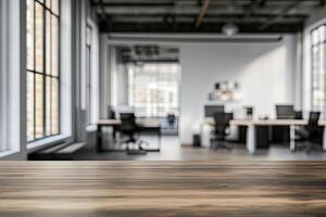 An empty table in an office with a large window photo