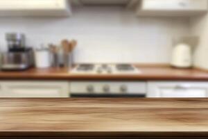 Wooden table top in kitchen with blurred background photo