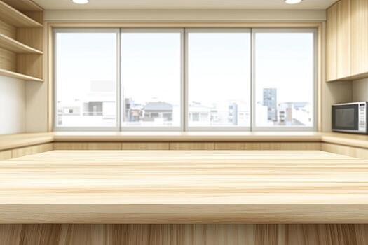 A kitchen with a table and a microwave photo