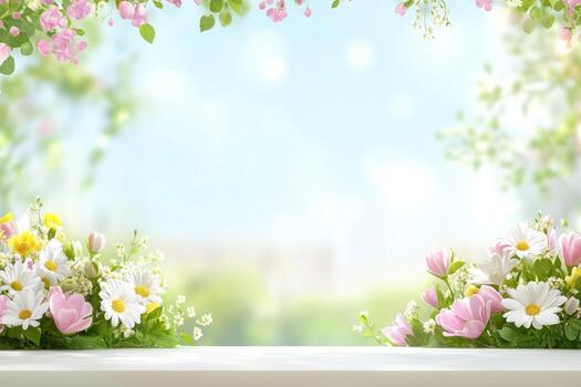 Spring flowers background with copy space photo