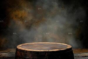 An empty wooden barrel on a dark background photo