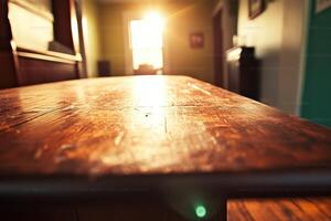 A wooden table with a sun shining through it photo