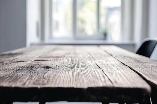 A wooden table with a chair in front of a window photo
