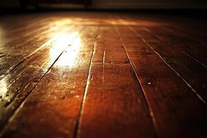 A wooden floor with sunlight shining through it photo