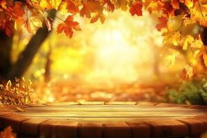 Autumn background with wooden table and leaves photo