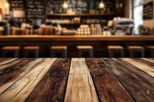 Wooden table top in front of a coffee shop photo