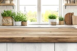 Wooden countertop in kitchen with window photo