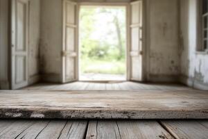 An empty wooden table in an old room photo