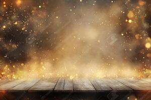 Wooden table with golden lights and sparkles photo