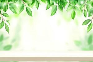 Empty wooden shelf with green leaves on a blurred background photo