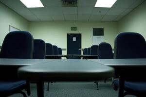 Empty classroom with chairs and tables photo