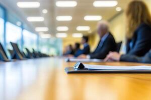 A conference table with people sitting at it photo