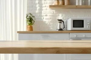 A white kitchen with wooden countertops and a microwave photo