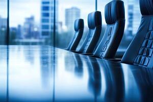 A conference table with chairs in front of a cityscape photo