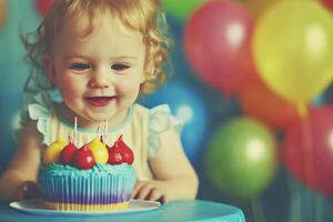 A baby girl with a birthday cake photo