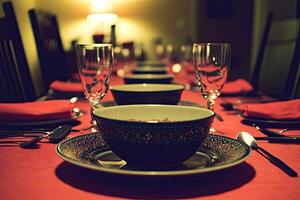 A table with a bowl and a plate photo