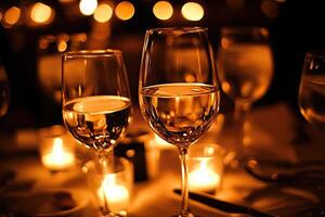 Two wine glasses on a table photo