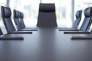 A conference table with black chairs and a large window photo